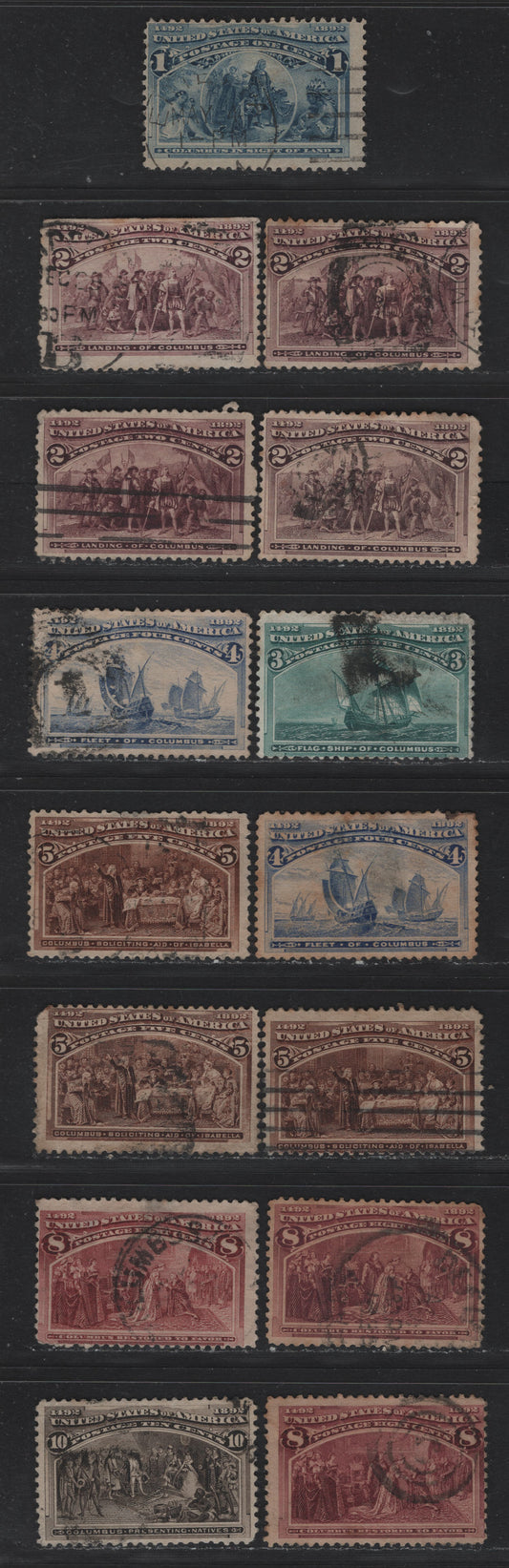 Lot 115 United States SC#230-234, 236-237 1c - 10c Deep Blue - Black Brown , 1893 Columbian Exposition Issue, 15 Ungraded Used Singles, Shade Group, Mostly With Small Faults Quite A Few With Thins, Good For Reference.