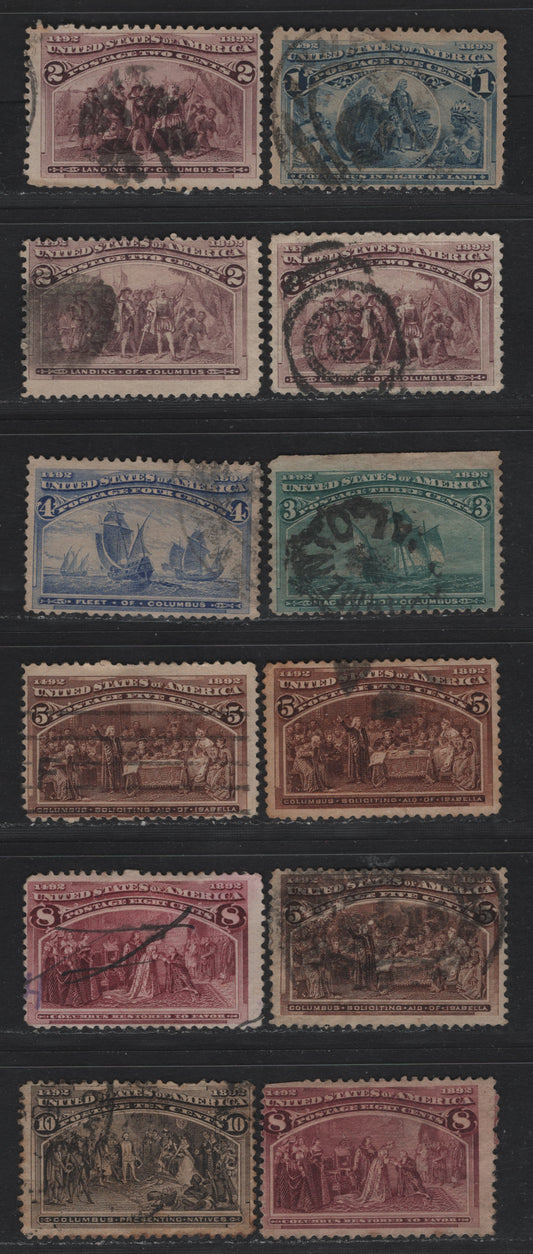 Lot 116 United States SC#230-234, 236-237 1c - 10c Deep Blue - Black Brown , 1893 Columbian Exposition Issue, 12 Ungraded Used Singles, 3 Shades Of The 2c, 2 Of The 5c & Two Of The 8c, Generally All With Small Faults Like Creases, Thins Etc