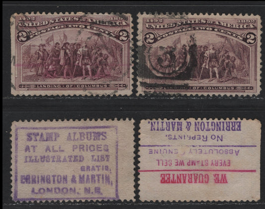Lot 117A United States SC#231var 2c Brown Violet , 1893 Columbian Exposition Issue, 4 Very Good/Fine Used Singles, Each With Different Errington & Martin Stamp Dealer Ad On The Stamp, One In Two Colors