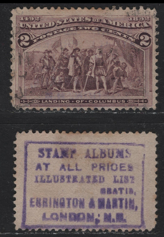 Lot 117 United States SC#231var 2c Brown Violet , 1893 Columbian Exposition Issue, A Fine Used Single, Handstamped Stamp Dealer Ad On Reverse For Errington & Martin of London