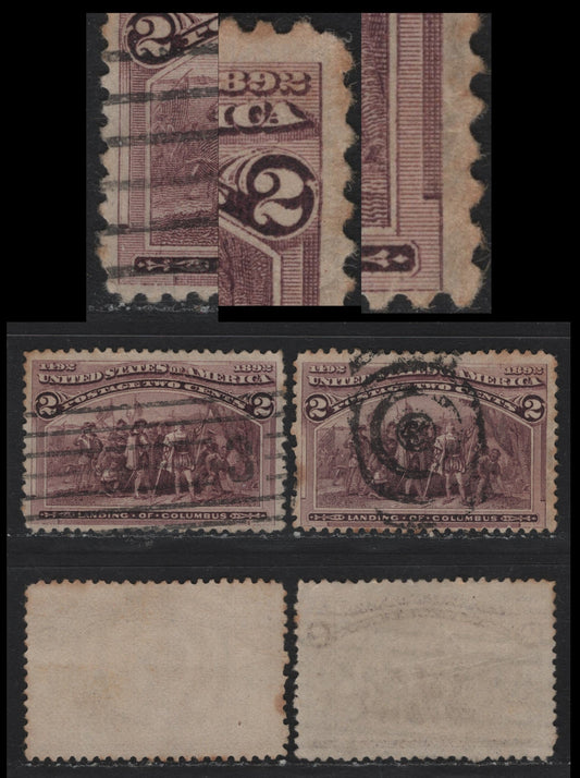 Lot 118 United States SC#231var 2c Brown Purple , 1893 Columbian Exposition Issue, 4 Very Good/Fine Used Singles, Showing 2 Different Major Re-Entries