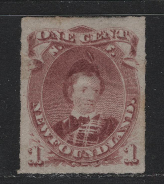 Lot 12 Newfoundland (C) #37 1c Brown Lilac , 1876-1879 3rd Cents Issue, A VFOG Single, Cents-II Paper, Rouletted