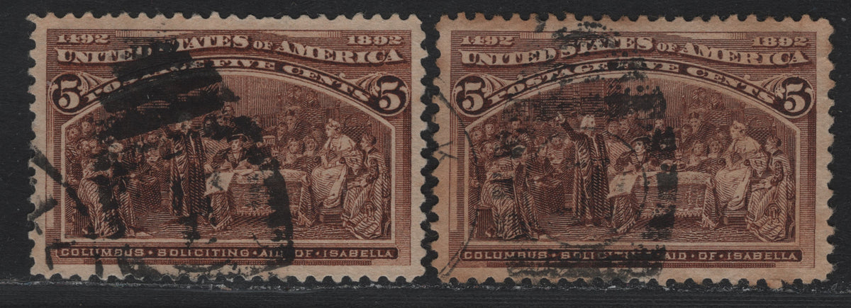 Lot 63 United States SC#234 5c Chocolate & Yellowish Chocolate , 1893 Columbian Exposition Issue, 2 Very Fine Used Singles, Large Marginal Used Examples, Horizontal Wove Paper, Numeral Duplex Cancels.
