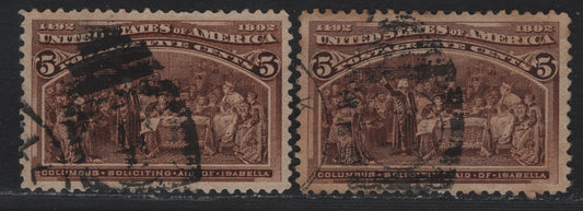 Lot 124 United States SC#234 5c Chocolate & Yellowish Chocolate , 1893 Columbian Exposition Issue, 2 Very Fine Used Singles, Large Marginal Used Examples, Horizontal Wove Paper, Numeral Duplex Cancels.