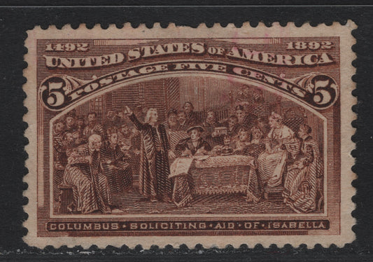 Lot 125 United States SC#234 5c Bright Chocolate , 1893 Columbian Exposition Issue, A Very Fine Used Singles, Horizontal Wove Paper, Light, Face-Free Cancel, Larger Than Normal Margins.