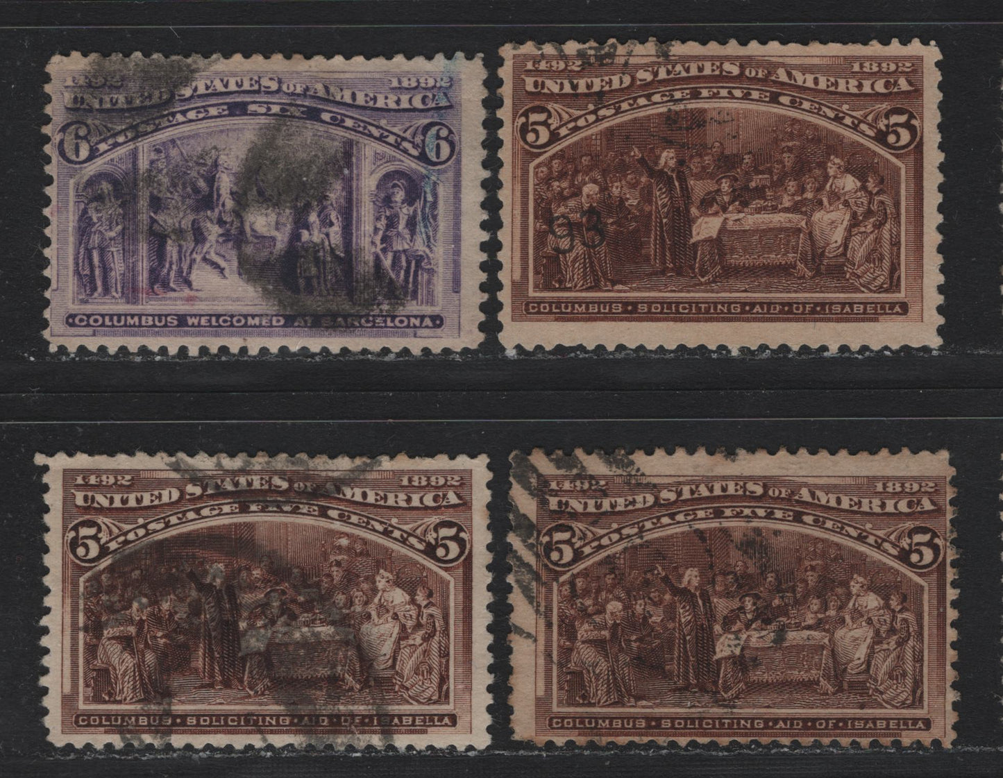 Lot 128 United States SC#234-235 5c - 6c Chocolate - Violet , 1893 Columbian Exposition Issue, 4 Very Good/Fine Used Singles, 3 Shades of Chocolate, All On Horizontal Wove Paper, Light Diagonal Crease Along The Right Side.
