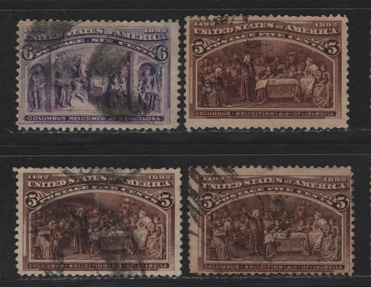 Lot 128 United States SC#234-235 5c - 6c Chocolate - Violet , 1893 Columbian Exposition Issue, 4 Very Good/Fine Used Singles, 3 Shades of Chocolate, All On Horizontal Wove Paper, Light Diagonal Crease Along The Right Side.