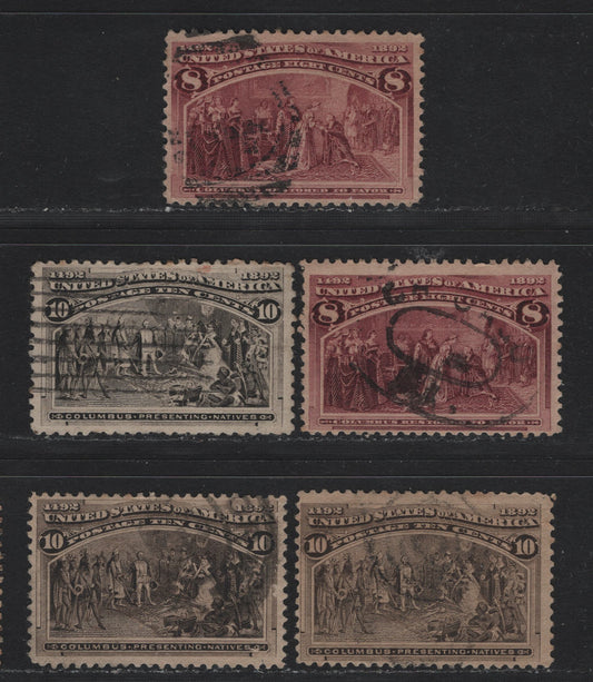 Lot 129 United States SC#236-237 8c - 10c Brown Purple - Brown Black , 1893 Columbian Exposition Issue, 5 Fine Used Singles, All On Horizontal Wove Paper, 2 Shades Of 8c Brown Purple & 10c Black Brown