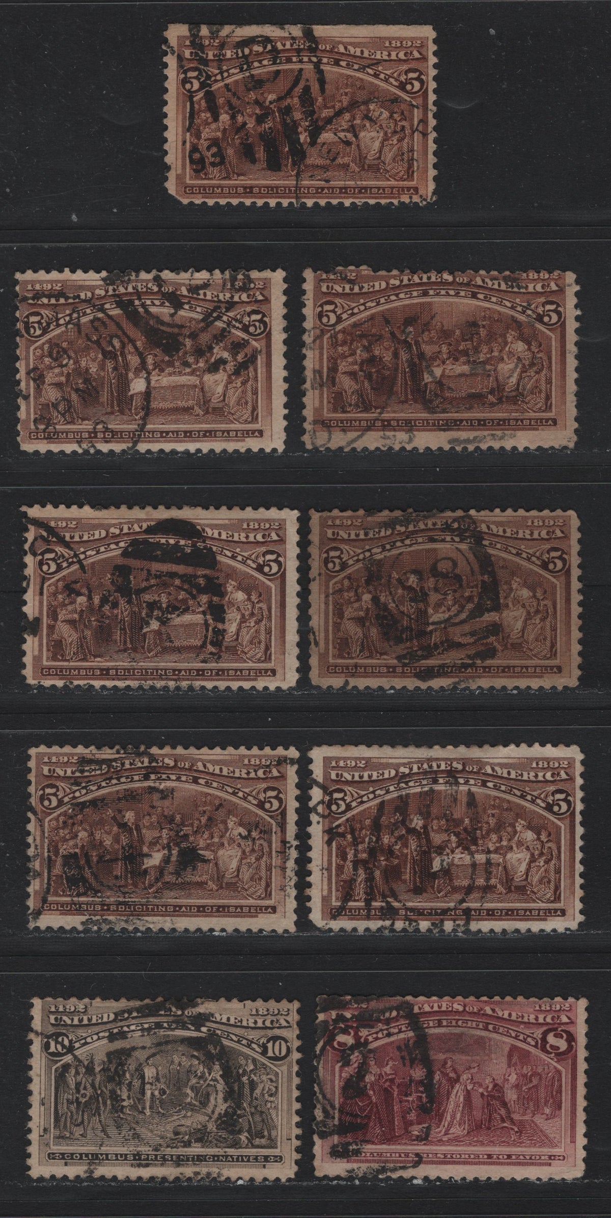 Lot 66 United States SC#234, 236-237 5c - 10c Chocolate - Brown Black , 1893 Columbian Exposition Issue, 9 Ungraded Used Singles, Selection of Numeral/Duplex Cancels, Small to Moderate Faults, Generally Would Grade VG Overall