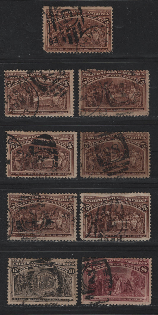 Lot 130 United States SC#234, 236-237 5c - 10c Chocolate - Brown Black , 1893 Columbian Exposition Issue, 9 Ungraded Used Singles, Selection of Numeral/Duplex Cancels, Small to Moderate Faults, Generally Would Grade VG Overall