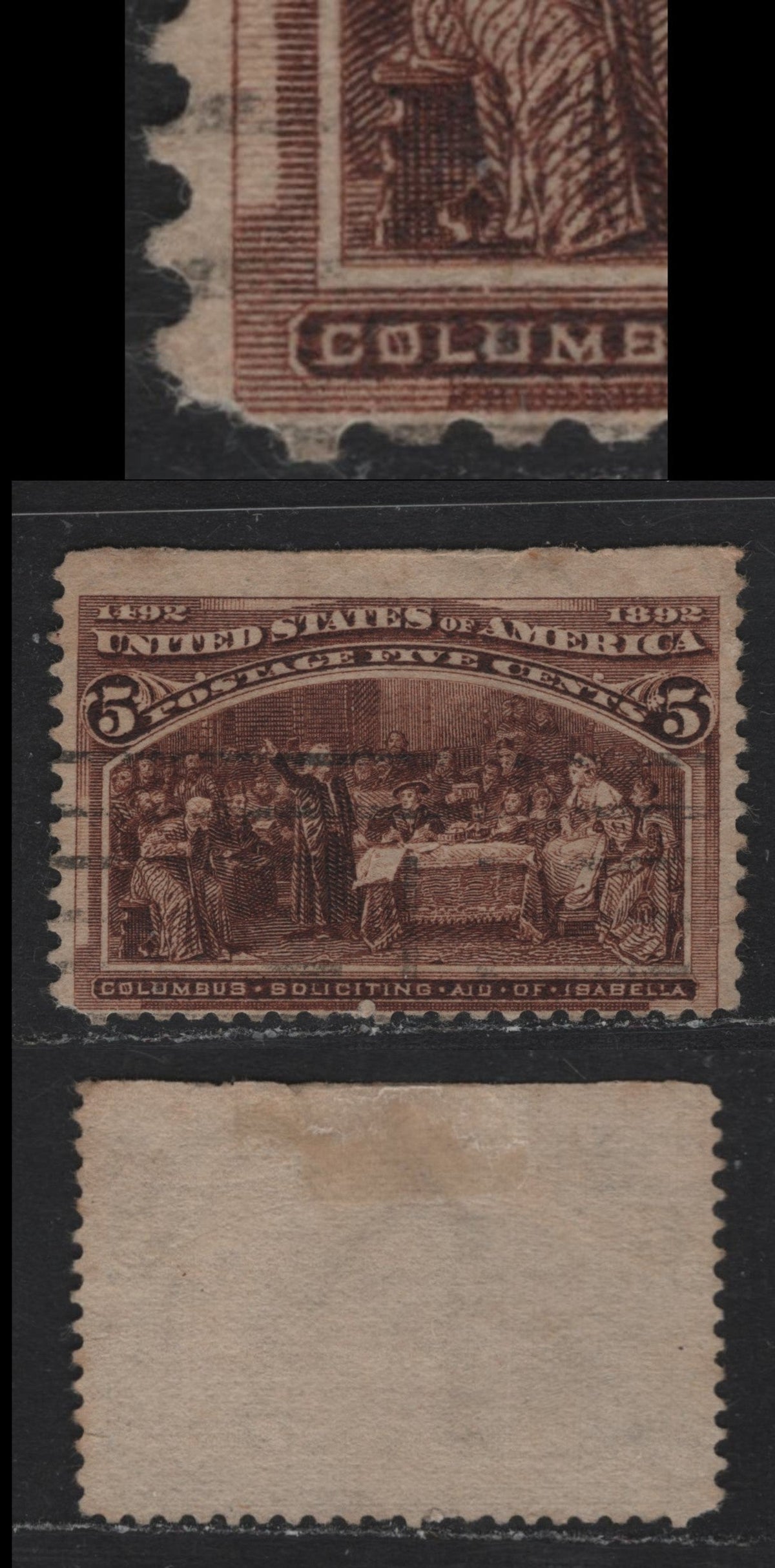 Lot 67 United States SC#234 5c Chocolate , 1893 Columbian Exposition Issue, A Fine Used Single, Horizontal Wove Paper With Scratch Through 'O' of Columbus