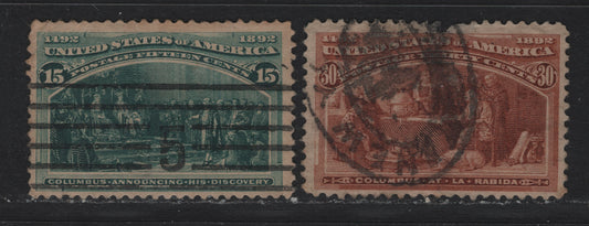 Lot 135 United States SC#238-239 15c - 30c Deep Blue Green - Orange Brown , 1893 Columbian Exposition Issue, 2 Ungraded Used Singles, Faulty, But Presentable Examples With Sever Thins