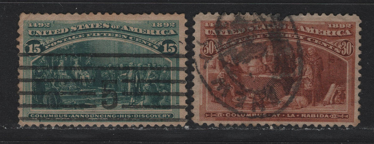 Lot 69 United States SC#238-239 15c - 30c Deep Blue Green - Orange Brown , 1893 Columbian Exposition Issue, 2 Ungraded Used Singles, Faulty, But Presentable Examples With Sever Thins