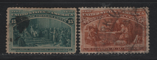 Lot 136 United States SC#238-239 15c - 30c Dark Blue Green - LighT Orange Brown , 1893 Columbian Exposition Issue, 2 Good/Very Good Used Singles, Horizontal Wove Paper, Fine Appearing, But Good/Very Good, Both Having Shallow Thins.