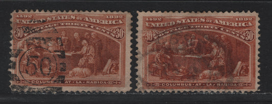 Lot 137 United States SC#239 30c Orange Brown - Deep Orange Brown , 1893 Columbian Exposition Issue, 2 Fine Used Singles, Horizontal Wove Paper