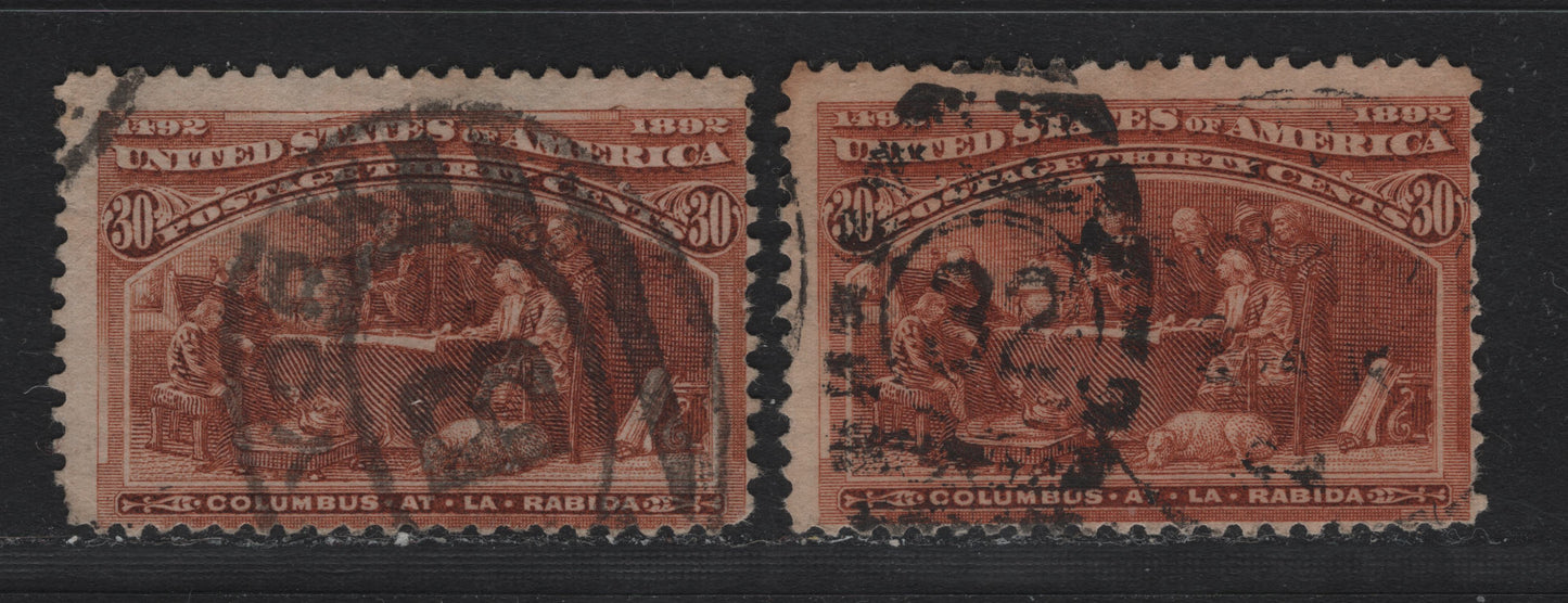Lot 138 United States SC#239 30c Orange Brown - Deep Orange Brown , 1893 Columbian Exposition Issue, 2 Very Good Used Singles, Horizontal Wove Paper