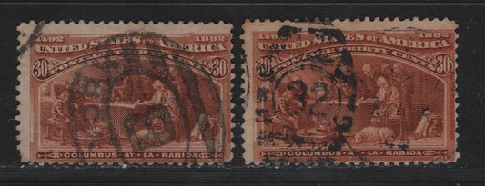 Lot 138 United States SC#239 30c Orange Brown - Deep Orange Brown , 1893 Columbian Exposition Issue, 2 Very Good Used Singles, Horizontal Wove Paper