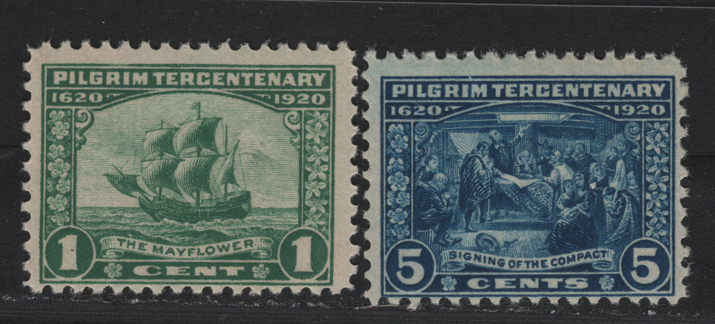 Lot 150 United States SC#548, 550 1c & 5c Green - Deep Blue , 1920 Pilgrim Tercentenary Issue, 2 FNH Singles