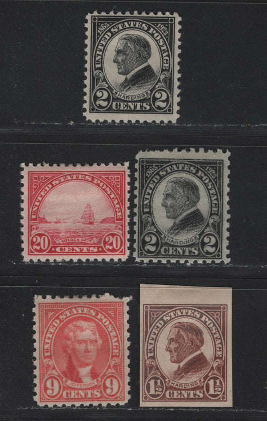Lot 154 United States SC#567, 576, 590, 610, 612 20c - 2c Carmine - Black , 1922-1923 4th Bureau - Harding Memorial Issues, 5 FOG Singles, Rotary Press Perf 10, The 9c Harding Memorial Is Perf 10