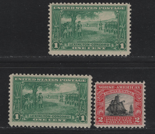 Lot 159 United States SC#617, 617var, 620 1c - 2c Green - Carmine & Black , 1925 Lexington Concorde - Norse American Issues, 3 FNH Singles, As Lot 158, But NH
