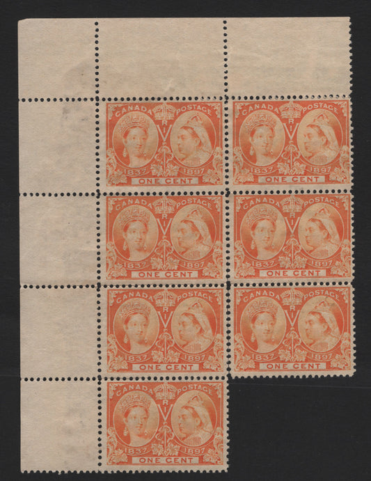 Lot 16 Canada (C) #51i 1c Orange Yellow , 1897 Diamond Jubilee Issue, A Fine Unused Upper Left Sheet Margin Block Of 7, Without Gum, Some Perf Separation Between The Two Columns, ABN-V Paper, Perf 11.9x11.8.