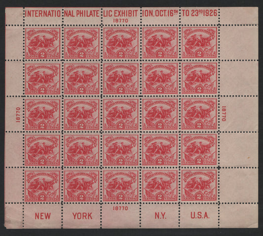Lot 162 United States SC#630 2c Carmine Rose , 1926 White Plains International Philatelic Exhibition Issue, A FOG/NH Souvenir Sheet Of 25
