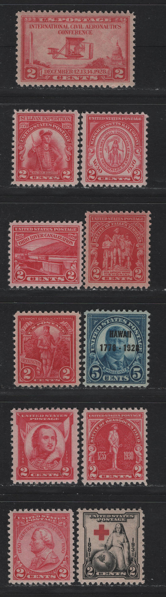 Lot 163 United States SC#643, 648-649, 657, 680-682, 688-690, 702 2c Carmine Rose - Black & Red , 1927-1931 Vermont Sesquicentennial - Red Cross Issues, 11 VFNH Singles, Well Centered VFNH Singles