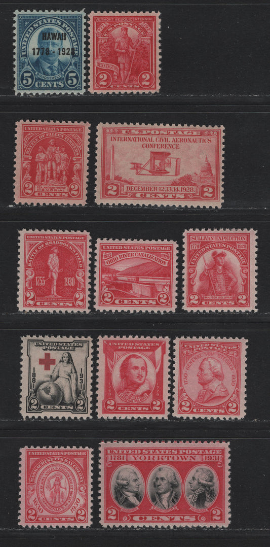 Lot 164 United States SC#643, 648-649, 657, 680-682, 688-690, 702-703 2c Carmine Rose - Carmine Rose & Black , 1927-1931 Vermont Sesquicentennial - Yorktown Issues, 12 F/VFNH Singles
