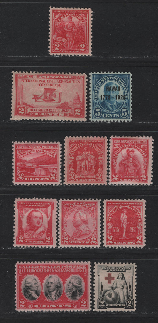 Lot 165 United States SC#643, 648-649, 657, 680-681, 688-690, 702-703 2c Carmine Rose - Carmine Rose & Black , 1927-1931 Vermont Sesquicentennial - Yorktown Issues, 11 VFOG Singles