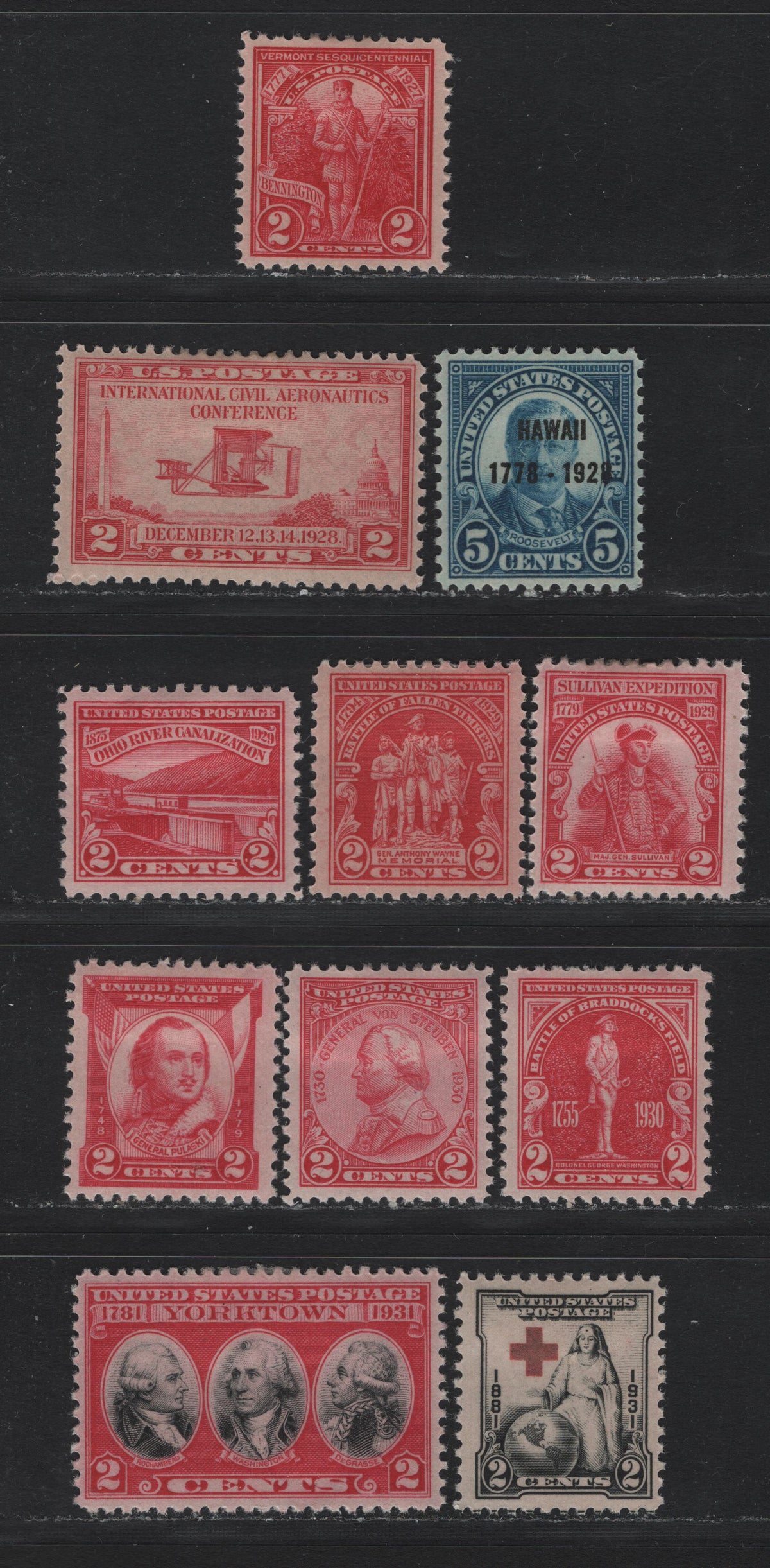 Lot 73 United States SC#643, 648-649, 657, 680-681, 688-690, 702-703 2c Carmine Rose - Carmine Rose & Black , 1927-1931 Vermont Sesquicentennial - Yorktown Issues, 11 VFOG Singles