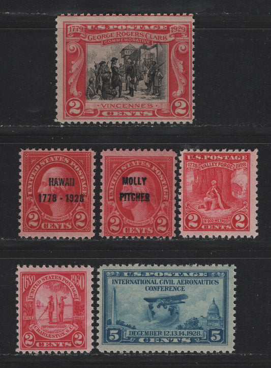 Lot 166 United States SC#645-647, 650-651, 683 2c Carmine - Carmine Rose , 1928-1930 Valleyforge - Carolina Charleston Issues, 6 FNH Singles