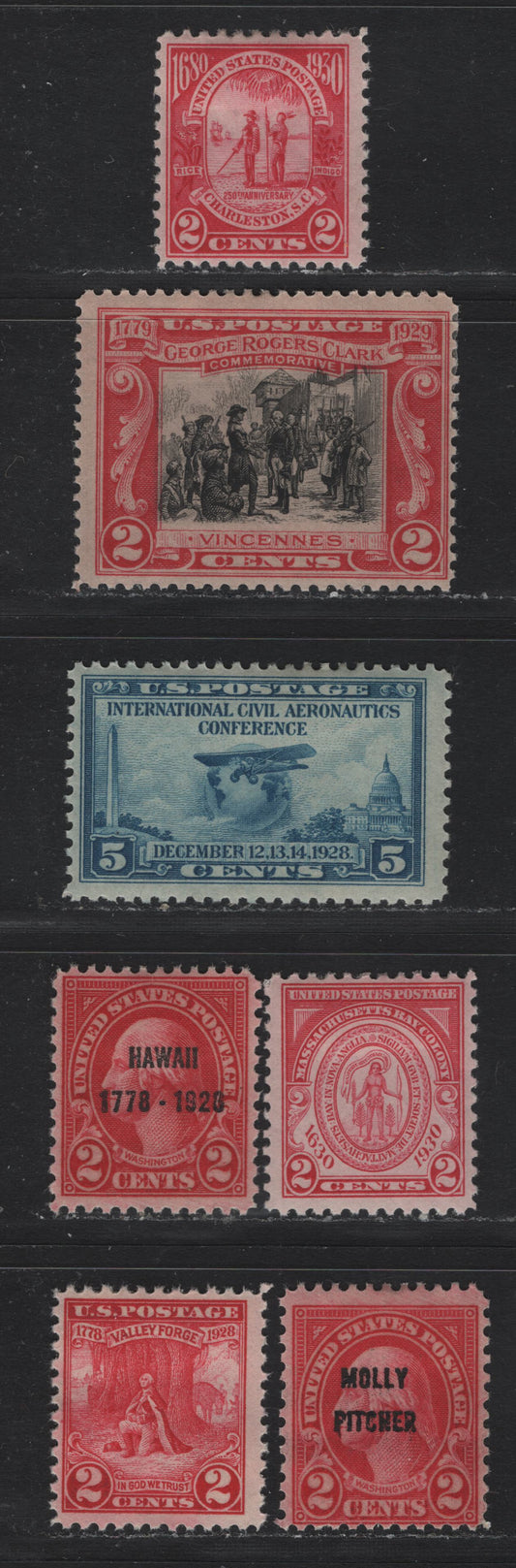 Lot 167 United States SC#645-647, 650-651, 683 2c Carmine - Carmine Rose , 1928-1930 Valleyforge - Carolina Charleston Issues, 7 FOG Singles, As Lot 166, But Hinged