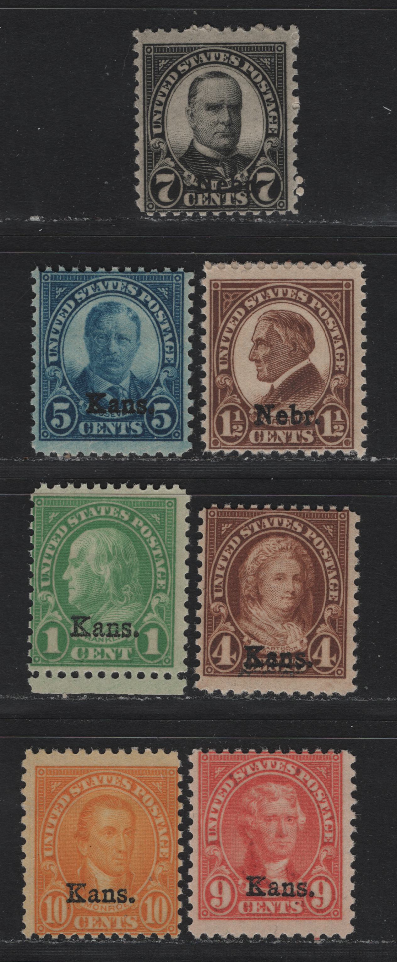 Lot 168 United States SC#658, 662-663, 667-668, 670, 676 1c - 7c Green - Black , 1929 Kansas & Nabraska Overprinted Issue, 7 VG/FNH Singles, All Have The Requisite Single Gum Breaker Ridge On Each Stamp