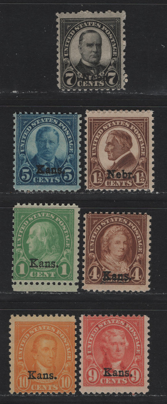 Lot 168 United States SC#658, 662-663, 667-668, 670, 676 1c - 7c Green - Black , 1929 Kansas & Nabraska Overprinted Issue, 7 VG/FNH Singles, All Have The Requisite Single Gum Breaker Ridge On Each Stamp