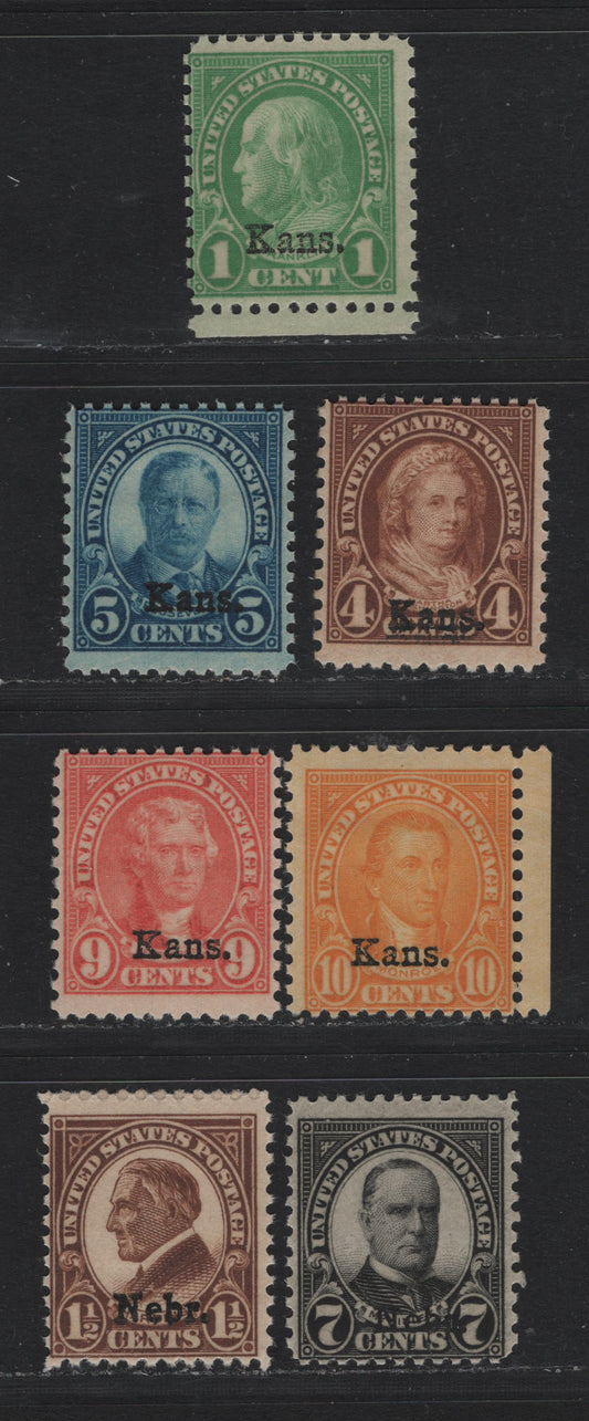 Lot 169 United States SC#658, 662-663, 667-668, 670, 676 1c - 7c Green - Black , 1929 Kansas & Nabraska Overprinted Issue, 7 VG/FNH Singles, As Lot 168, But Pulled Perf On The 7c Black