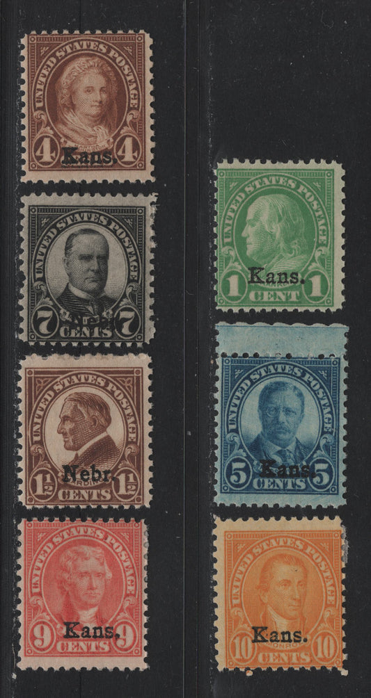 Lot 170 United States SC#658, 662-663, 667-668, 670, 676 1c - 7c Green - Black , 1929 Kansas & Nabraska Overprinted Issue, 7 VG/FOG Singles, As Lot 168, But Hinged