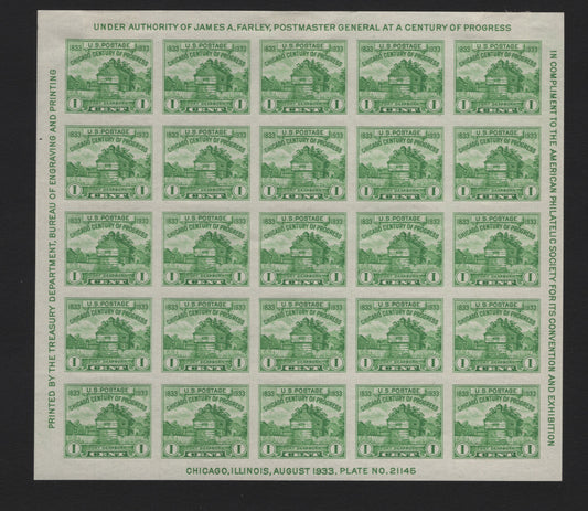 Lot 171 United States SC#730 1c Deep Yellow Green , 1933 American Philatelic Society Issue, A GEM Unused Souvenir Sheet Of 25