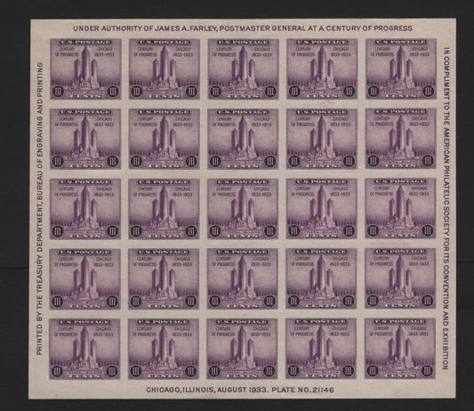 Lot 172 United States SC#731 3c Purple , 1933 American Philatelic Society Issue, A GEM Unused Pane Of 25
