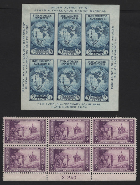 Lot 173 United States SC#735, 739 3c Dark Blue - Purple , 1934 National Stamp Exhibition - Wisconsin Tercentenary Issues, 2 GEM Unused & VFOG/NH Blocks Of 6, Plates 21 & 40, Hinged On top 2 Stamps, No Gum On 735 As Issued.