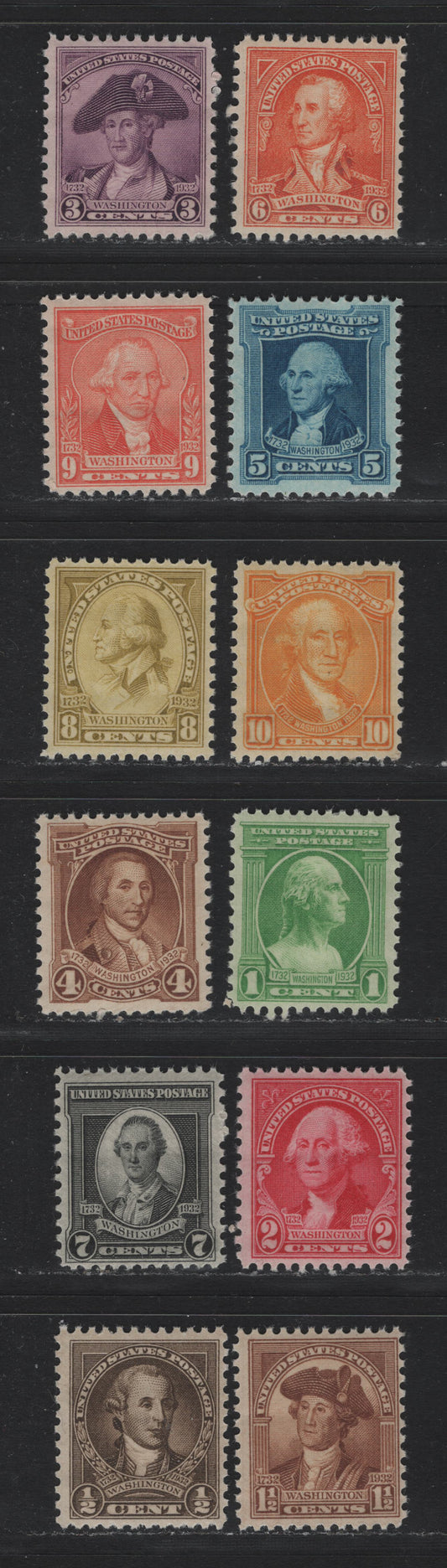 Lot 174 United States SC#704-715 1/2c - 10c Olive Brown - Orange Yellow, 1932 Washington Bicentennial Issue, 12 F/VFNH Singles, Largely VFNH Set, Only The 1/2c, 1.5c, 6c & 7c are Fine Centered