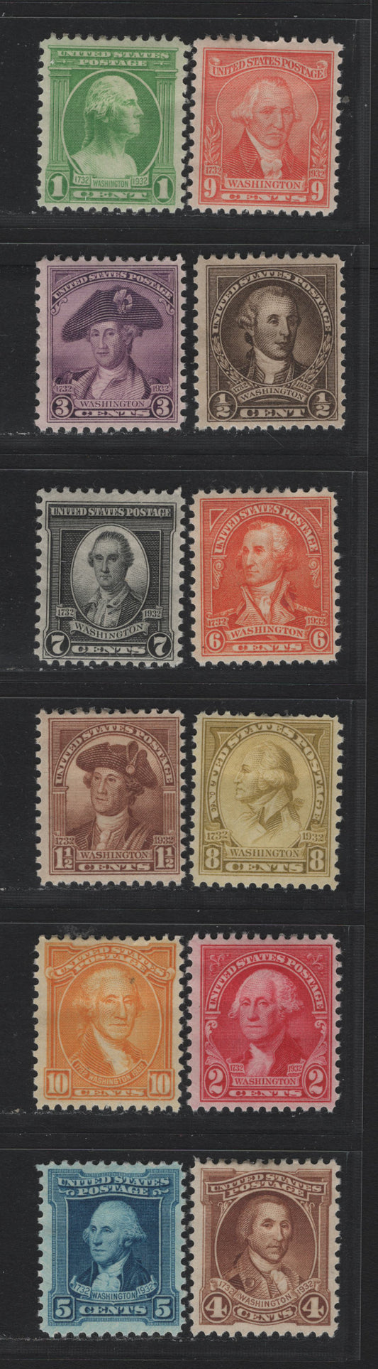 Lot 176 United States SC#704-715 1/2c - 10c Olive Brown - Orange Yellow, 1932 Washington Bicentennial Issue, 12 F/VFOG Singles, Mostly Fine Hinged Set, 2c, 1c, 4c, 5c & 10c Are VF, Rest Are Fine.