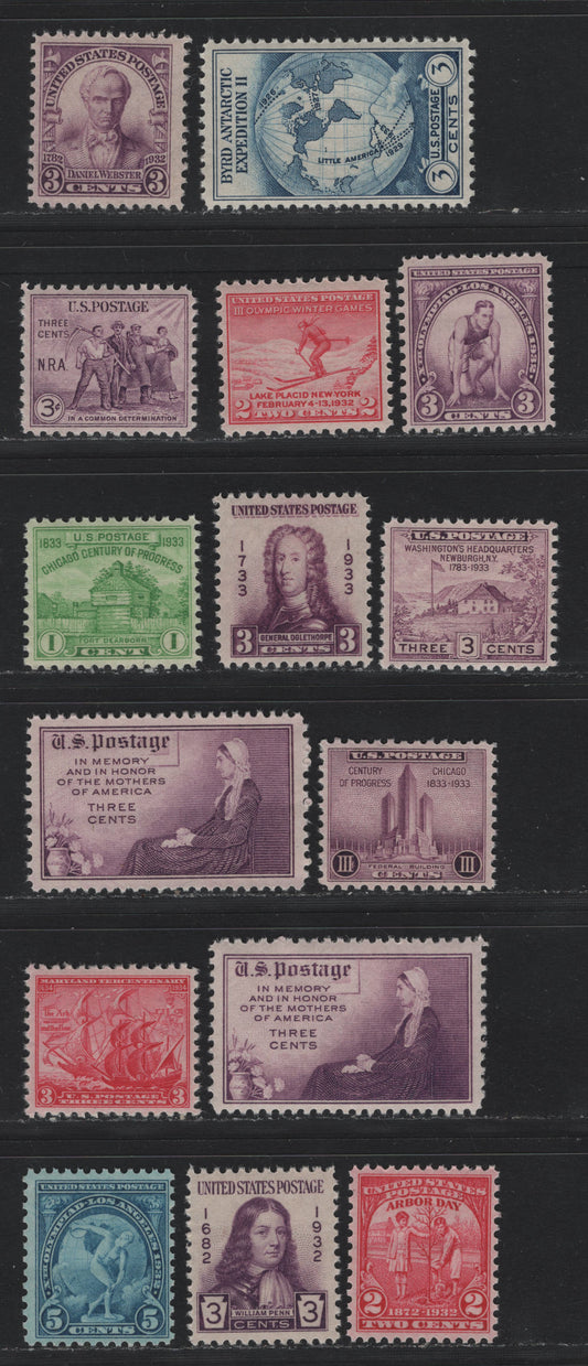 Lot 179 United States SC#716-719, 724-729, 732-733, 736-738 2c - 3c Carmine Rose - Purple, 1932-1934 Olympic Winter Games - Mothers of America Issues, 15 F/VFNH Singles, Mostly VFNH Group Of Better Centered Examples, 5c Blue LA Olympics Issue is Fine