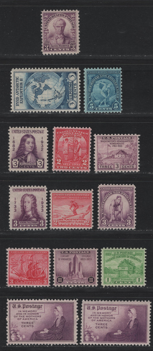 Lot 180 United States SC#716-719, 724-729, 733, 736-738 2c - 3c Carmine Rose - Purple, 1932-1934 Olympic Winter Games - Mothers of America Issues, 14 F/VFNH Singles, Mostly VFNH Group, 3c Webster, 3c Byrd & 5c Olympics Are Fine