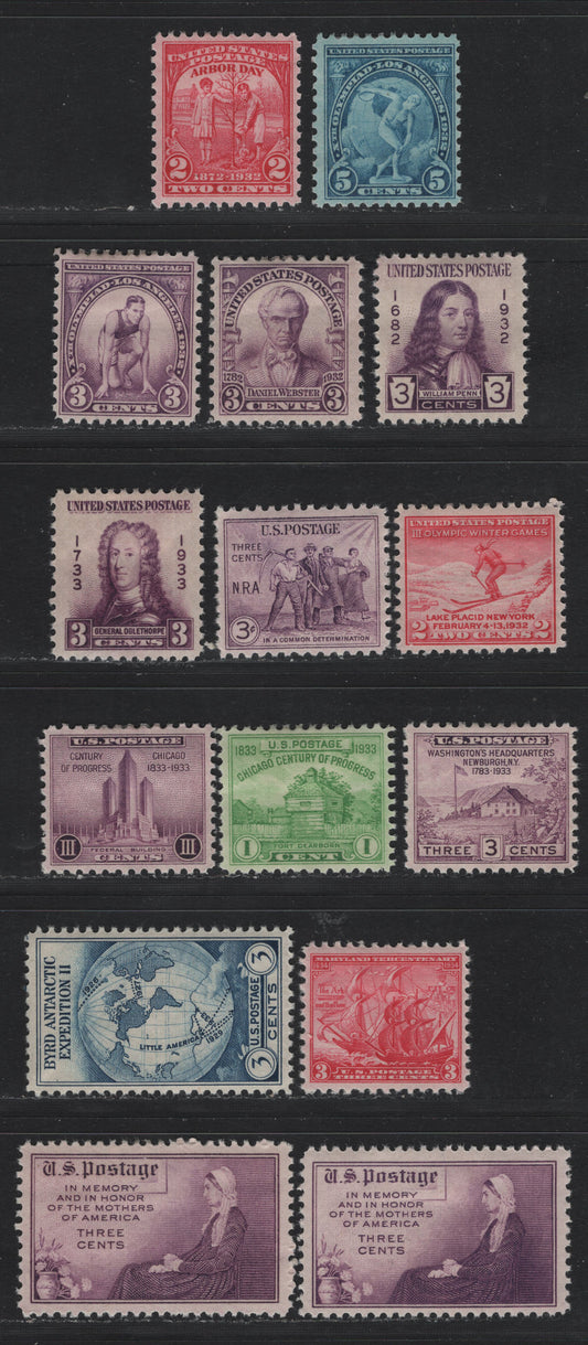 Lot 181 United States SC#716-719, 724-729, 732-733, 736-738 2c - 3c Carmine Rose - Purple, 1932-1934 Olympic Winter Games - Mothers of America Issues, 15 F/VFOG Singles, As Lot 179, But Hinged