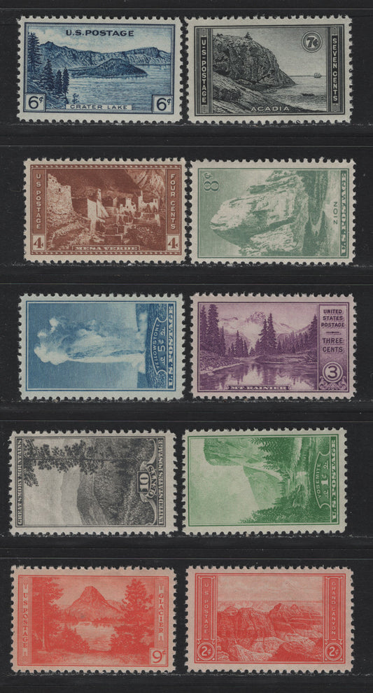 Lot 182 United States SC#740-749 1c - 10c Green - Gray Black, 1934 National Parks Issue, 10 F/VFNH Singles, Nearly All VFNH Set, 6c & 8c Are Fine, 9c, 2c, 1c & 5c Have Some Natural Gum Skips.