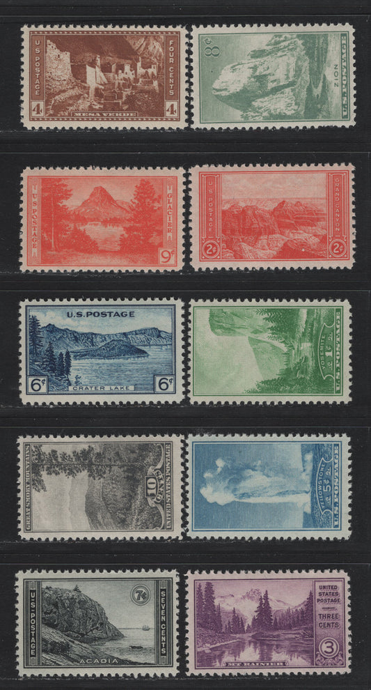 Lot 183 United States SC#740-749 1c - 10c Green - Gray Black, 1934 National Parks Issue, 10 F/VFNH Singles, Mostly Fine Set, 3c, 5c, 7c & 10c Are VF, 4c Has Diagonal Crease, 5c, 1c & 2c Have Some Natural Gum Skips.