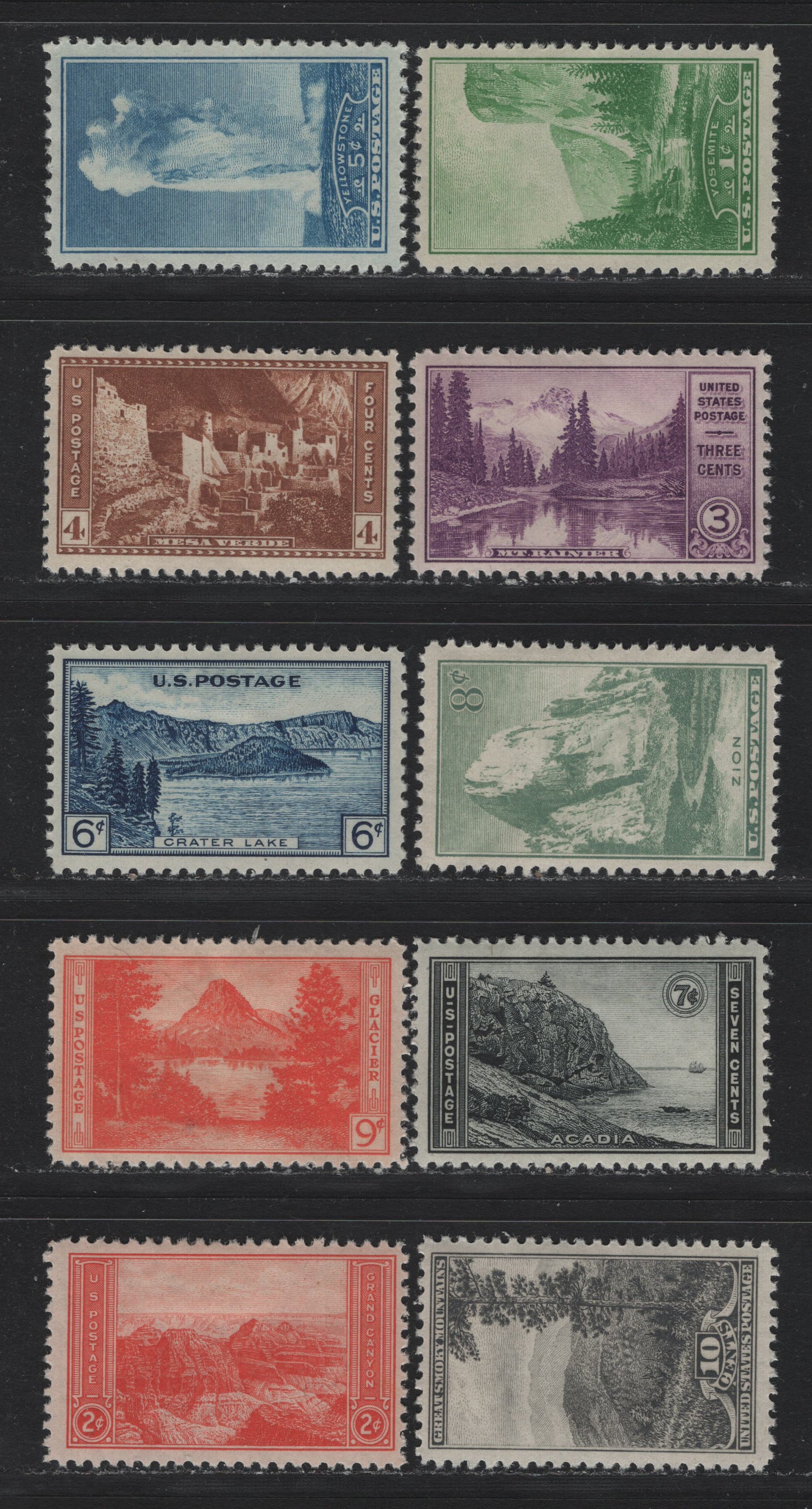 Lot 184 United States SC#740-749 1c - 10c Green - Gray Black, 1934 National Parks Issue, 10 F/VFOG Singles, Mostly All Fine Hinged Set, 2c Is Fine