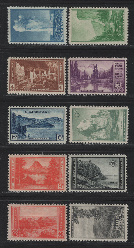 Lot 184 United States SC#740-749 1c - 10c Green - Gray Black, 1934 National Parks Issue, 10 F/VFOG Singles, Mostly All Fine Hinged Set, 2c Is Fine