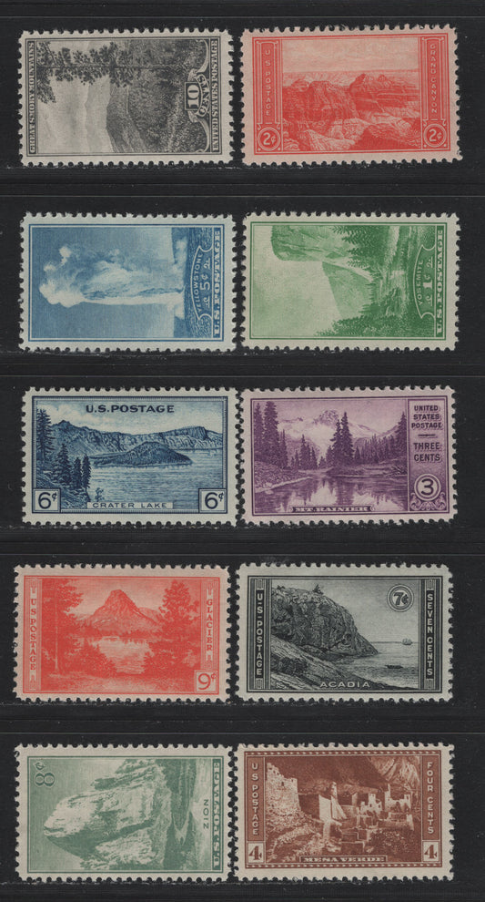 Lot 185 United States SC#740-749 1c - 10c Green - Gray Black, 1934 National Parks Issue, 10 F/VFOG Singles, As Lot 184, But Diagonal Crease On 4c, 8c Is Fine.