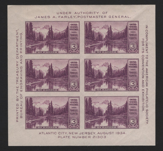 Lot 186 United States SC#750 3c Purple, 1934 American Philaetlic Society Issue, A Superb OG Souvenir Sheet Of 6, Few Light Gum Bends